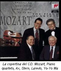 La copertina del CD. Mozart, Piano quartets, Ax, Stern, Laredo, Yo-Yo Ma