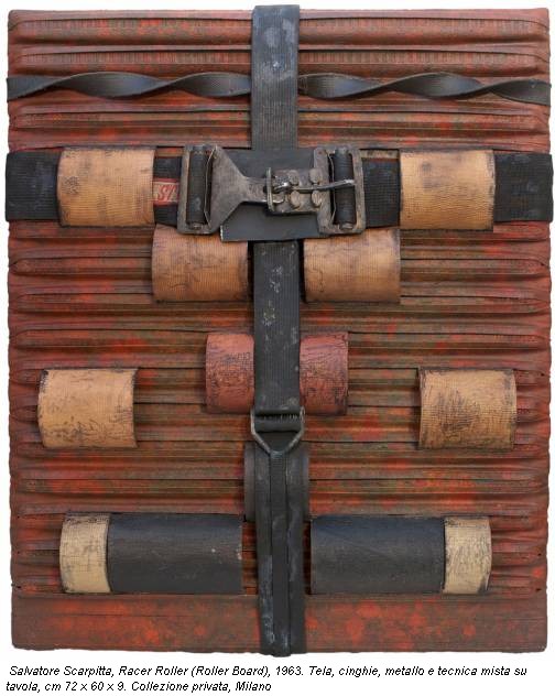 Salvatore Scarpitta, Racer Roller (Roller Board), 1963. Tela, cinghie, metallo e tecnica mista su tavola, cm 72 x 60 x 9. Collezione privata, Milano