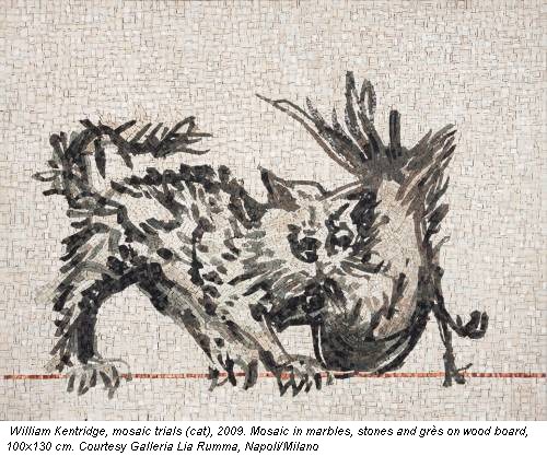 William Kentridge, mosaic trials (cat), 2009. Mosaic in marbles, stones and grès on wood board, 100x130 cm. Courtesy Galleria Lia Rumma, Napoli/Milano