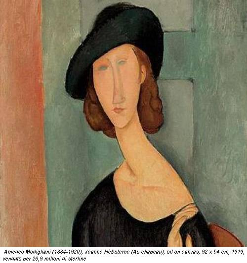 Amedeo Modigliani (1884-1920), Jeanne H&eacute;buterne (Au chapeau), oil on canvas, 92 x 54 cm, 1919, venduto per 26,9 milioni di sterline