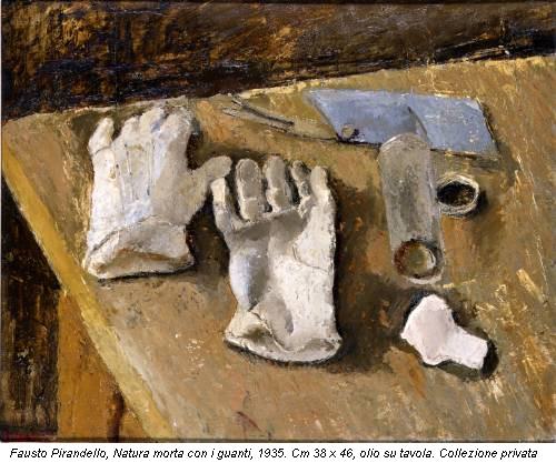 Fausto Pirandello, Natura morta con i guanti, 1935. Cm 38 x 46, olio su tavola. Collezione privata