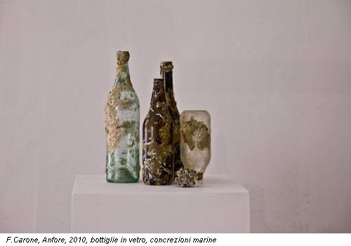 F.Carone, Anfore, 2010, bottiglie in vetro, concrezioni marine