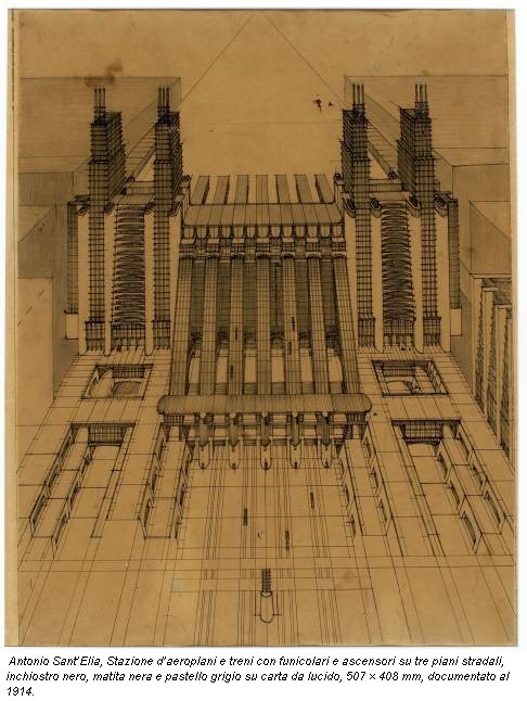 Antonio Sant’Elia, Stazione d’aeroplani e treni con funicolari e ascensori su tre piani stradali, inchiostro nero, matita nera e pastello grigio su carta da lucido, 507 × 408 mm, documentato al 1914.