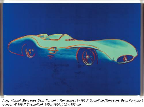 Andy Warhol, Mercedes-Benz Formel-1-Rennwagen W196 R Stromlinie [Mercedes-Benz Formula 1 racecar W 196 R Streamline], 1954, 1986, 102 x 152 cm
