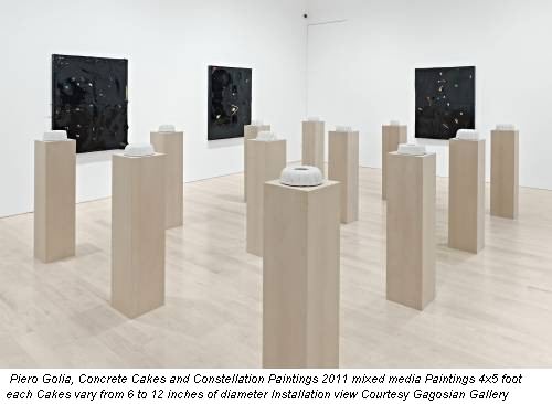 Piero Golia, Concrete Cakes and Constellation Paintings 2011 mixed media Paintings 4x5 foot each Cakes vary from 6 to 12 inches of diameter Installation view Courtesy Gagosian Gallery