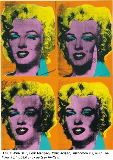 ANDY WARHOL, Four Marilyns, 1962, acrylic, silkscreen ink, pencil on linen, 73.7 x 54.6 cm, courtesy Phillips