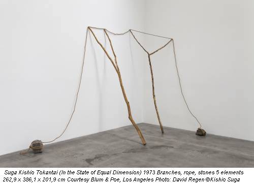 Suga Kishio Tokantai (In the State of Equal Dimension) 1973 Branches, rope, stones 5 elements 262,9 x 386,1 x 201,9 cm Courtesy Blum & Poe, Los Angeles Photo: David Regen ©Kishio Suga