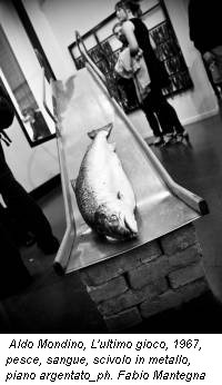 Aldo Mondino, L'ultimo gioco, 1967, pesce, sangue, scivolo in metallo, piano argentato_ph. Fabio Mantegna