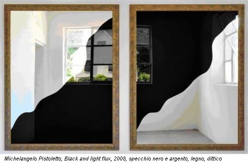Michelangelo Pistoletto, Black and light flux, 2008, specchio nero e argento, legno, dittico
