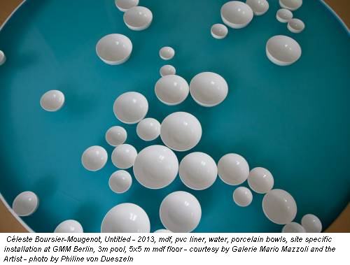 Céleste Boursier-Mougenot, Untitled - 2013, mdf, pvc liner, water, porcelain bowls, site specific installation at GMM Berlin, 3m pool, 5x5 m mdf floor - courtesy by Galerie Mario Mazzoli and the Artist - photo by Philine von Dueszeln