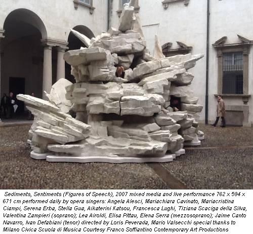Sediments, Sentiments (Figures of Speech), 2007 mixed media and live performance 762 x 594 x 671 cm performed daily by opera singers: Angela Alesci, Mariachiara Cavinato, Mariacristina Ciampi, Serena Erba, Stella Gua, Aikaterini Katsou, Francesca Lughi, Tiziana Scaciga della Silva, Valentina Zampieri (soprano); Lea Airoldi, Elisa Pittau, Elena Serra (mezzosoprano); Jaime Canto Navarro, Ivan Defabiani (tenor) directed by Loris Peverada, Mario Valsecchi special thanks to Milano Civica Scuola di Musica Courtesy Franco Soffiantino Contemporary Art Productions