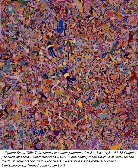 Alighiero Boetti Tutto Tela, ricamo in cotone policromo Cm 211,6 x 194,3 1987-88 Progetto per l’Arte Moderna e Contemporanea – CRT in comodato presso Castello di Rivoli Museo d’Arte Contemporanea, Rivoli-Torino GAM – Galleria Civica d’Arte Moderna e Contemporanea, Torino Acquisito nel 2003