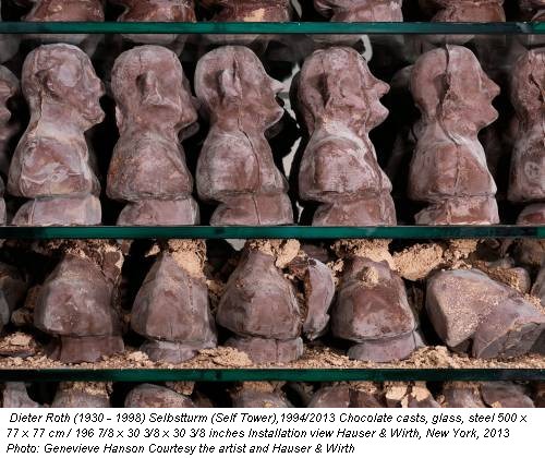 Dieter Roth (1930 - 1998) Selbstturm (Self Tower),1994/2013 Chocolate casts, glass, steel 500 x 77 x 77 cm / 196 7/8 x 30 3/8 x 30 3/8 inches Installation view Hauser & Wirth, New York, 2013 Photo: Genevieve Hanson Courtesy the artist and Hauser & Wirth