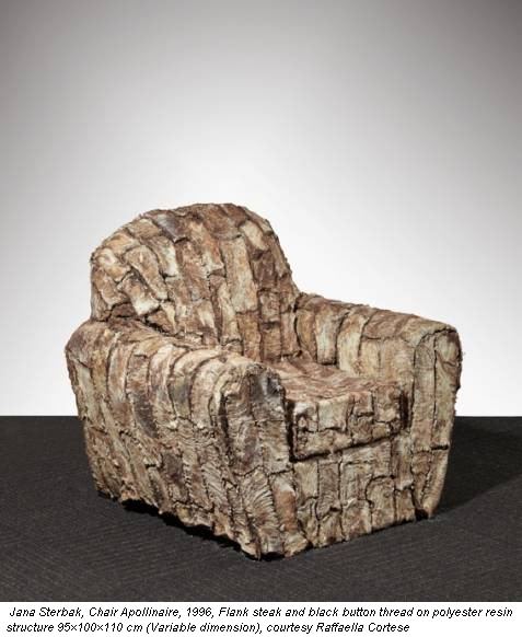Jana Sterbak, Chair Apollinaire, 1996, Flank steak and black button thread on polyester resin structure 95×100×110 cm (Variable dimension), courtesy Raffaella Cortese