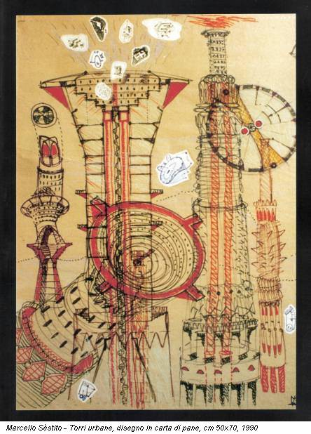 Marcello Sèstito - Torri urbane, disegno in carta di pane, cm 50x70, 1990