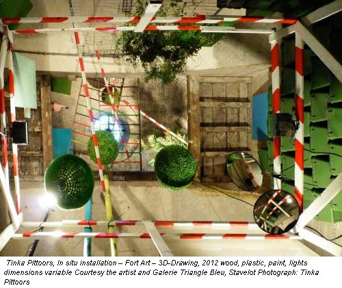 Tinka Pittoors, In situ installation – Fort Art – 3D-Drawing, 2012 wood, plastic, paint, lights dimensions variable Courtesy the artist and Galerie Triangle Bleu, Stavelot Photograph: Tinka Pittoors
