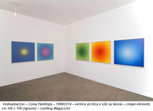 Vedovamazzei – Coma Paintings – 1999/2014 – vernice acrilica e olio su tavola – cinque elementi, cm 106 x 106 (ognuno) – courtesy Magazzino