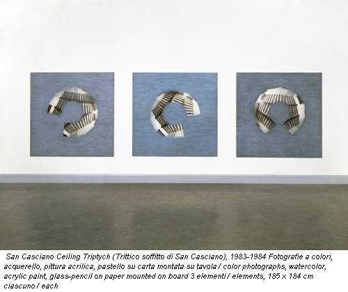 San Casciano Ceiling Triptych (Trittico soffitto di San Casciano), 1983-1984 Fotografie a colori, acquerello, pittura acrilica, pastello su carta montata su tavola / color photographs, watercolor, acrylic paint, glass-pencil on paper mounted on board 3 elementi / elements, 185 x 184 cm ciascuno / each