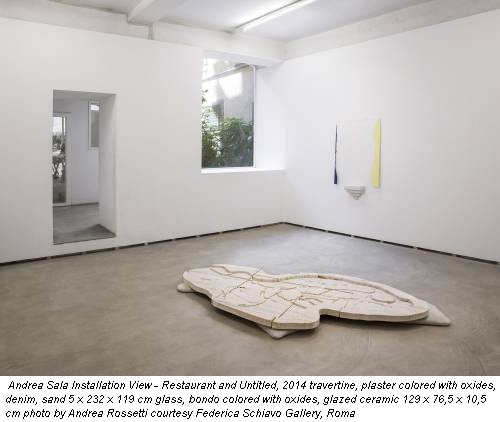 Andrea Sala Installation View - Restaurant and Untitled, 2014 travertine, plaster colored with oxides, denim, sand 5 x 232 x 119 cm glass, bondo colored with oxides, glazed ceramic 129 x 76,5 x 10,5 cm photo by Andrea Rossetti courtesy Federica Schiavo Gallery, Roma