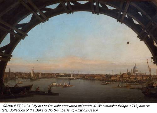 CANALETTO - La City di Londra vista attraverso un’arcata di Westminster Bridge, 1747, olio su tela, Collection of the Duke of Northumberland, Alnwick Castle
