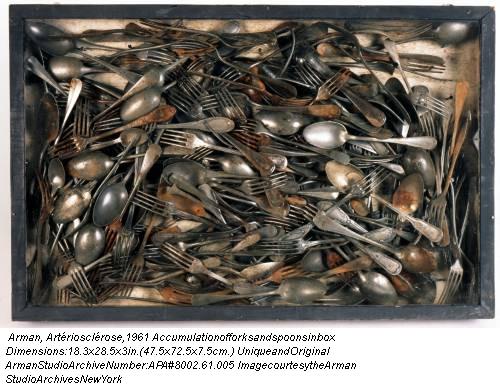 Arman, Artériosclérose, 1961 Accumulation of forks and spoons in box Dimensions: 18.3 x 28.5 x 3 in. (47.5 x 72.5 x 7.5 cm.) Unique and Original Arman Studio Archive Number: APA# 8002.61.005 Image courtesy the Arman Studio Archives New York