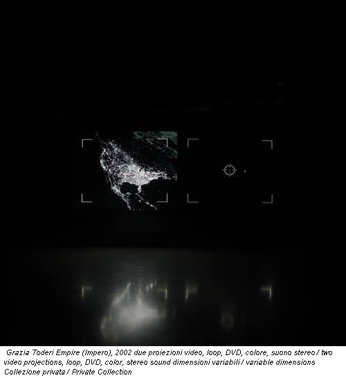 Grazia Toderi Empire (Impero), 2002 due proiezioni video, loop, DVD, colore, suono stereo / two video projections, loop, DVD, color, stereo sound dimensioni variabili / variable dimensions Collezione privata / Private Collection
