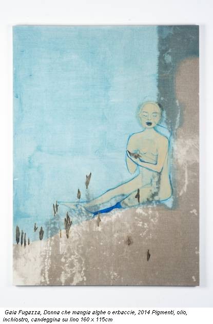 Gaia Fugazza, Donna che mangia alghe o erbaccie, 2014 Pigmenti, olio, inchiostro, candeggina su lino 160 x 115cm