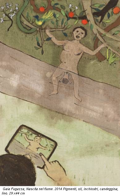 Gaia Fugazza, Nascita nel fiume. 2014 Pigmenti, oli, inchiostri, candeggina, lino. 29 x44 cm