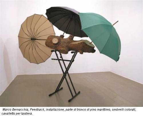Marco Bernacchia, Feedback, installazione, parte di tronco di pino marittimo, ombrelli colorati, cavalletto per tastiera.