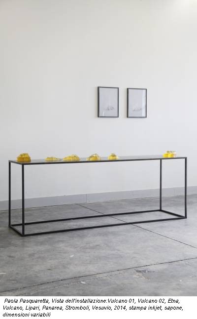 Paola Pasquaretta, Vista dell'installazione:Vulcano 01, Vulcano 02, Etna, Vulcano, Lipari, Panarea, Stromboli, Vesuvio, 2014, stampa inkjet, sapone, dimensioni variabili