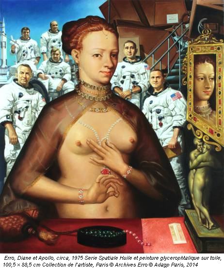 Erro, Diane et Apollo, circa, 1975 Serie Spatiale Huile et peinture glycerophtalique sur toile, 100,5 × 88,5 cm Collection de l’artiste, Paris &copy; Archives Erro &copy; Adagp Paris, 2014