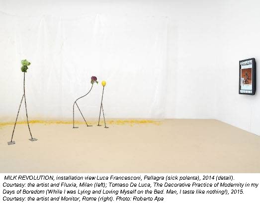 MILK REVOLUTION, installation view Luca Francesconi, Pellagra (sick polenta), 2014 (detail). Courtesy: the artist and Fluxia, Milan (left); Tomaso De Luca, The Decorative Practice of Modernity in my Days of Boredom (While I was Lying and Loving Myself on the Bed. Man, I taste like nothing!), 2015. Courtesy: the artist and Monitor, Rome (right). Photo: Roberto Apa