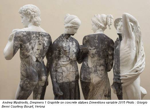 Andrea Mastrovito, Dreamers 1 Graphite on concrete statues Dimentions variable 2015 Photo : Giorgio Benni Courtesy Boxart, Verona