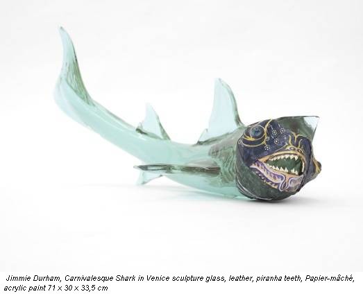 Jimmie Durham, Carnivalesque Shark in Venice sculpture glass, leather, piranha teeth, Papier-mâché, acrylic paint 71 x 30 x 33,5 cm