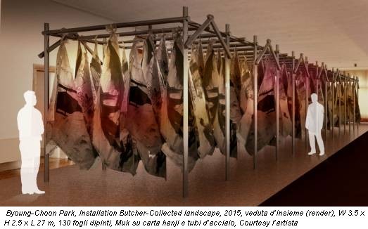 Byoung-Choon Park, Installation Butcher-Collected landscape, 2015, veduta d’insieme (render), W 3.5 x H 2.5 x L 27 m, 130 fogli dipinti, Muk su carta hanji e tubi d’acciaio, Courtesy l’artista
