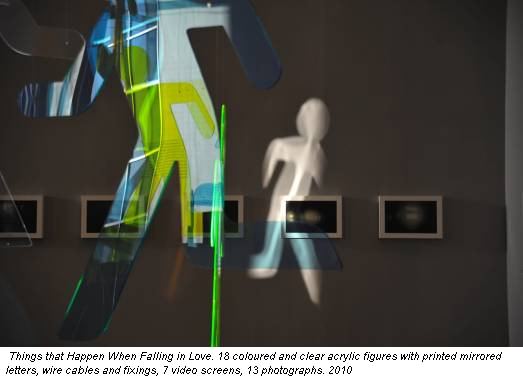 Things that Happen When Falling in Love. 18 coloured and clear acrylic figures with printed mirrored letters, wire cables and fixings, 7 video screens, 13 photographs. 2010
