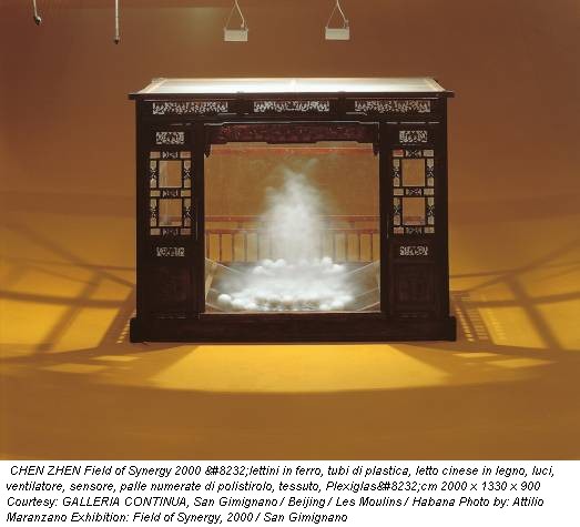 CHEN ZHEN Field of Synergy 2000  lettini in ferro, tubi di plastica, letto cinese in legno, luci, ventilatore, sensore, palle numerate di polistirolo, tessuto, Plexiglas cm 2000 x 1330 x 900 Courtesy: GALLERIA CONTINUA, San Gimignano / Beijing / Les Moulins / Habana Photo by: Attilio Maranzano Exhibition: Field of Synergy, 2000 / San Gimignano
