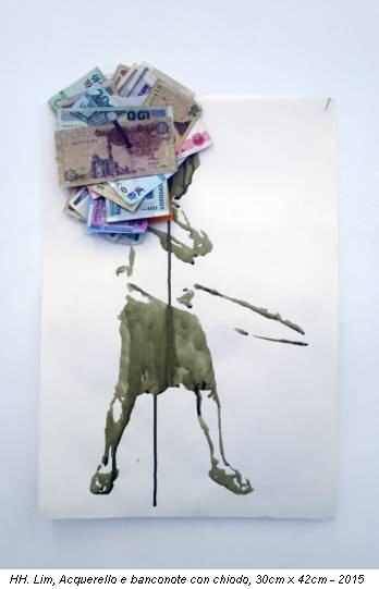 HH. Lim, Acquerello e banconote con chiodo, 30cm x 42cm - 2015