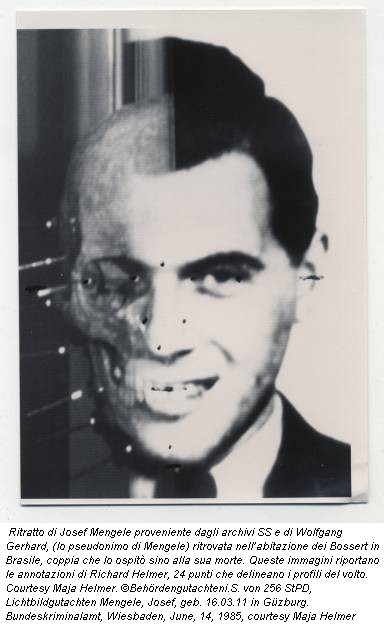 Ritratto di Josef Mengele proveniente dagli archivi SS e di Wolfgang Gerhard, (lo pseudonimo di Mengele) ritrovata nell’abitazione dei Bossert in Brasile, coppia che lo ospitò sino alla sua morte. Queste immagini riportano le annotazioni di Richard Helmer, 24 punti che delineano i profili del volto. Courtesy Maja Helmer. ©Behördengutachteni.S. von 256 StPD, Lichtbildgutachten Mengele, Josef, geb. 16.03.11 in Güzburg. Bundeskriminalamt, Wiesbaden, June, 14, 1985, courtesy Maja Helmer