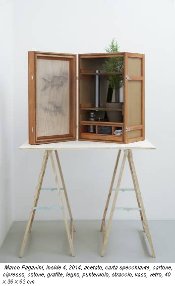 Marco Paganini, Inside 4, 2014, acetato, carta specchiante, cartone, cipresso, cotone, grafite, legno, punteruolo, straccio, vaso, vetro, 40 x 36 x 63 cm