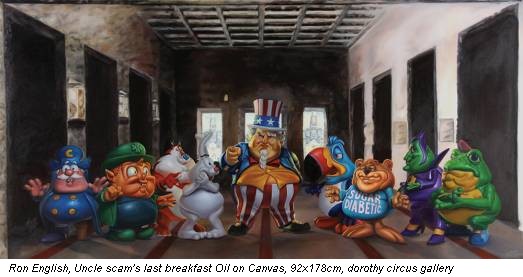 Ron English, Uncle scam's last breakfast Oil on Canvas, 92x178cm, dorothy circus gallery