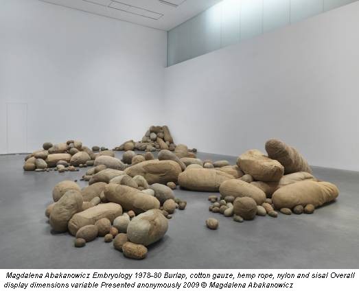 Magdalena Abakanowicz Embryology 1978-80 Burlap, cotton gauze, hemp rope, nylon and sisal Overall display dimensions variable Presented anonymously 2009 © Magdalena Abakanowicz