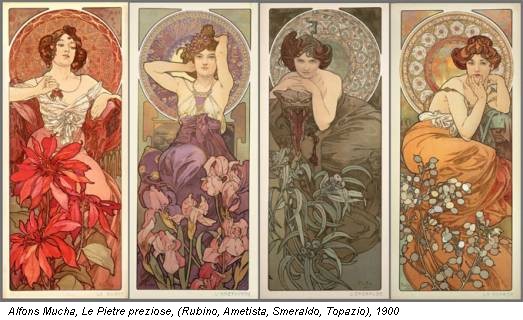 Alfons Mucha, Le Pietre preziose, (Rubino, Ametista, Smeraldo, Topazio), 1900