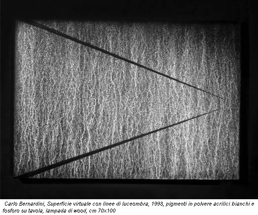 Carlo Bernardini, Superficie virtuale con linee di luceombra, 1998, pigmenti in polvere acrilici bianchi e fosforo su tavola, lampada di wood, cm 70x100