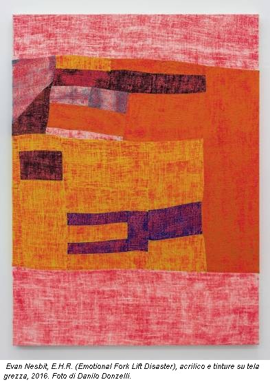 Evan Nesbit, E.H.R. (Emotional Fork Lift Disaster), acrilico e tinture su tela grezza, 2016. Foto di Danilo Donzelli.