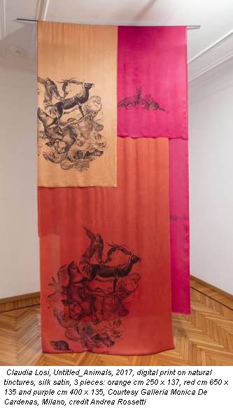 Claudia Losi, Untitled_Animals, 2017, digital print on natural tinctures, silk satin, 3 pieces: orange cm 250 x 137, red cm 650 x 135 and purple cm 400 x 135, Courtesy Galleria Monica De Cardenas, Milano, credit Andrea Rossetti