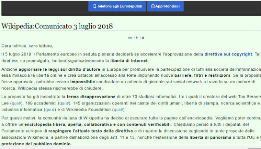 Wikipedia oscurata per protesta contro le nuove regole del copyright
