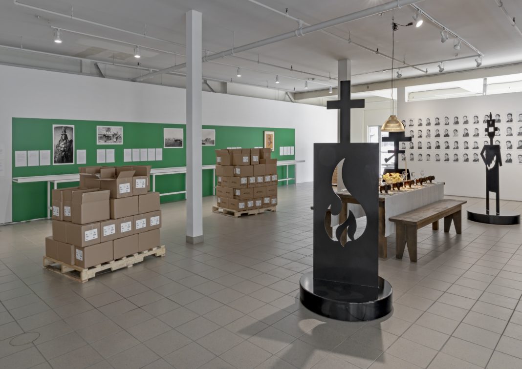 AA Bronson, A Public Apology to Siksika Nation; and Adrian Stimson, Iini Sookumapii: Guess who’s coming to dinner?” (courtesy the Toronto Biennial of Art, photo by Toni Hafkenscheid)