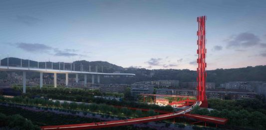 Il Cerchio Rosso di Stefano Boeri sotto il Ponte Morandi di Genova Il Cerchio Rosso e la Torre del Vento (Courtesy: Stefano Boeri Architetti)