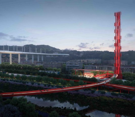 Il Cerchio Rosso di Stefano Boeri sotto il Ponte Morandi di Genova Il Cerchio Rosso e la Torre del Vento (Courtesy: Stefano Boeri Architetti)